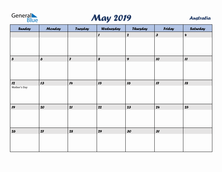 May 2019 Calendar with Holidays in Australia