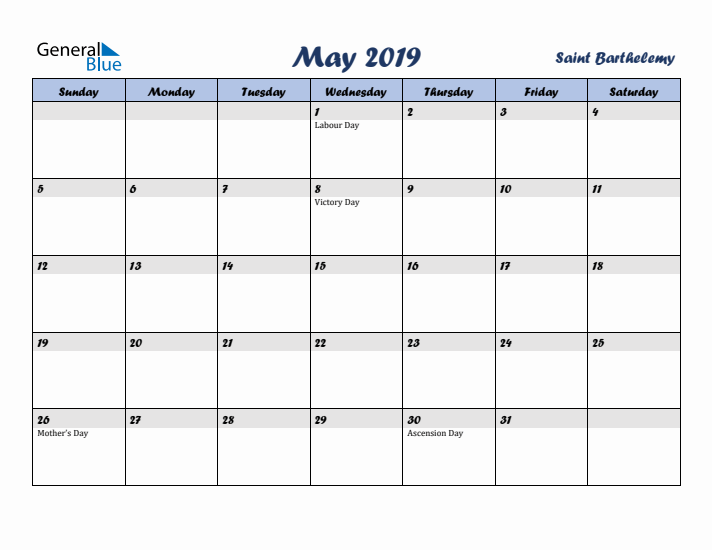 May 2019 Calendar with Holidays in Saint Barthelemy