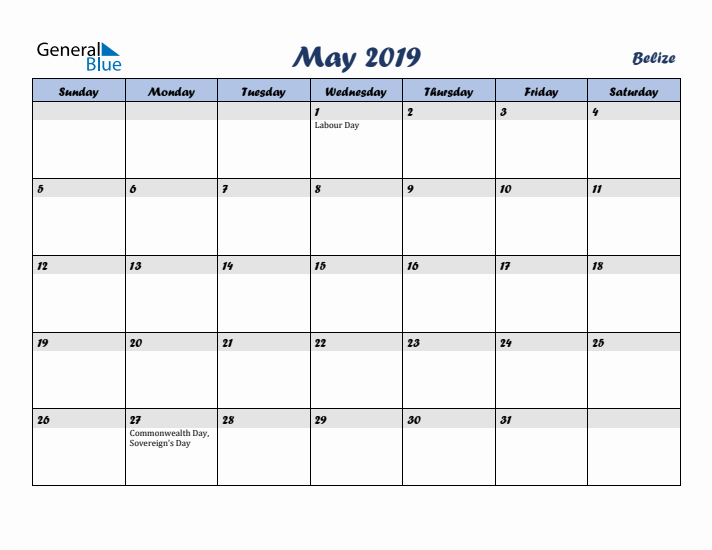May 2019 Calendar with Holidays in Belize