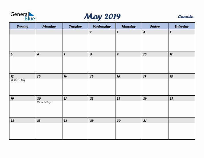 May 2019 Calendar with Holidays in Canada