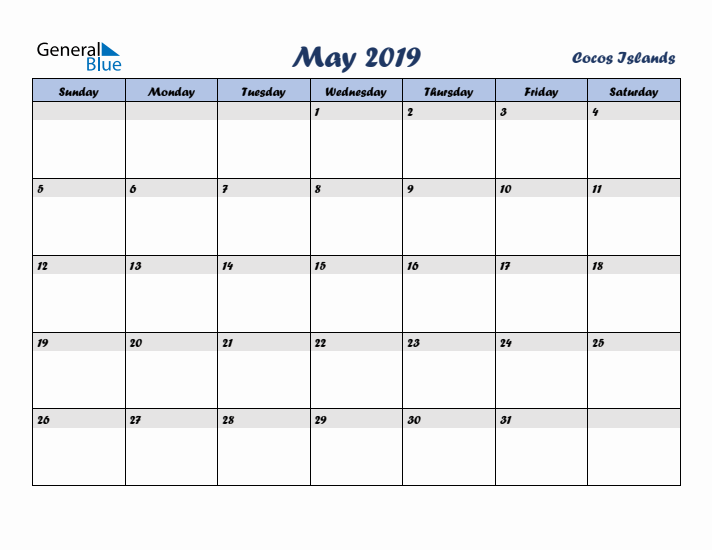 May 2019 Calendar with Holidays in Cocos Islands