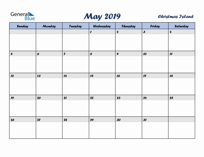 May 2019 Calendar with Holidays in Christmas Island