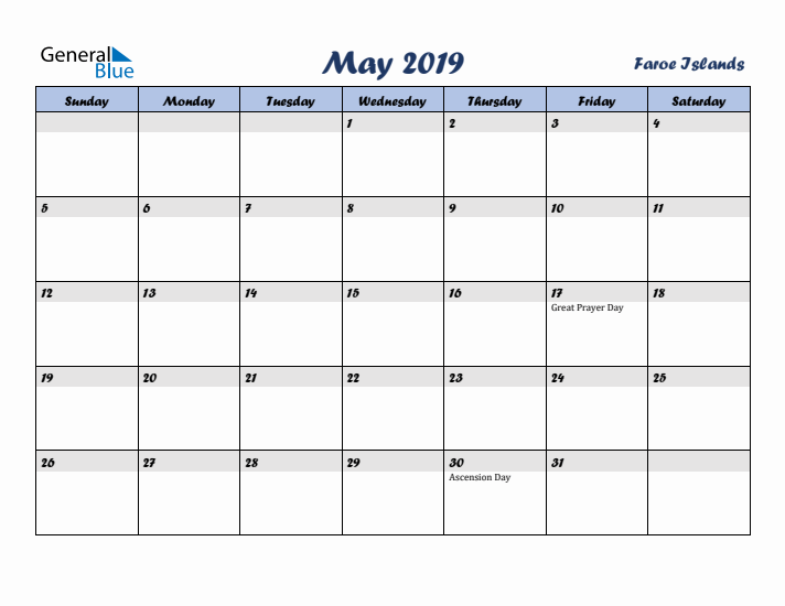 May 2019 Calendar with Holidays in Faroe Islands