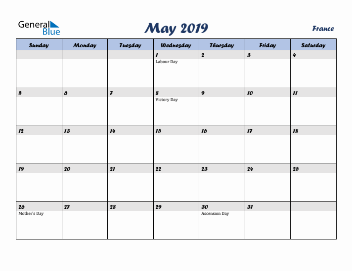 May 2019 Calendar with Holidays in France