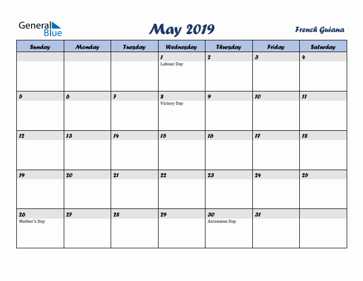 May 2019 Calendar with Holidays in French Guiana