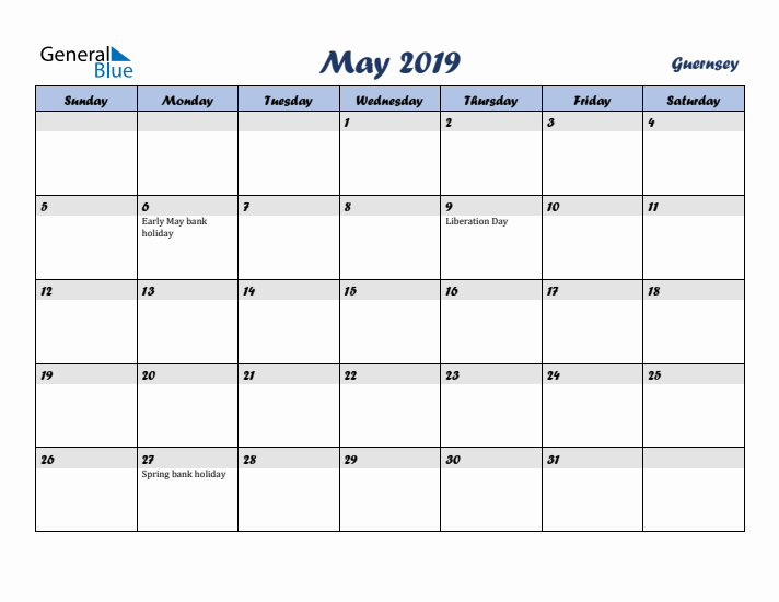 May 2019 Calendar with Holidays in Guernsey