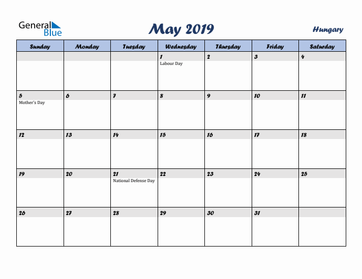 May 2019 Calendar with Holidays in Hungary