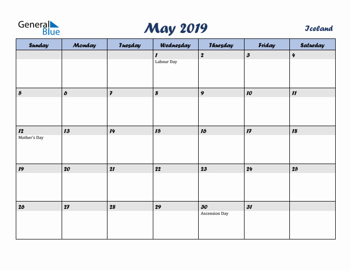 May 2019 Calendar with Holidays in Iceland