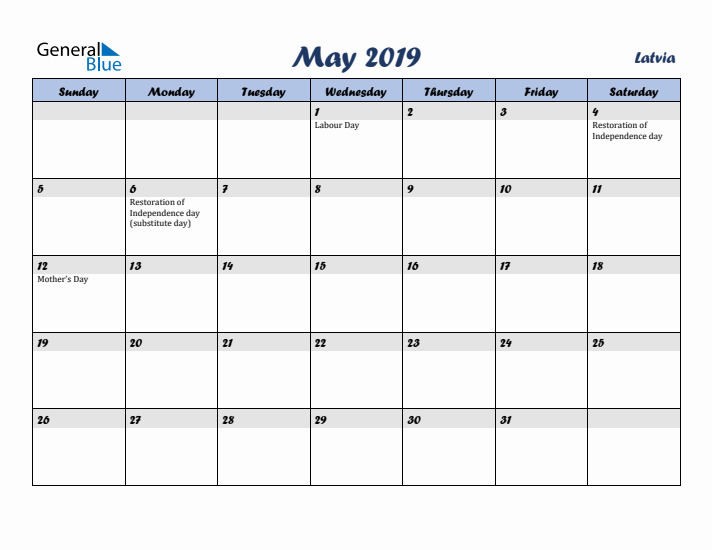 May 2019 Calendar with Holidays in Latvia