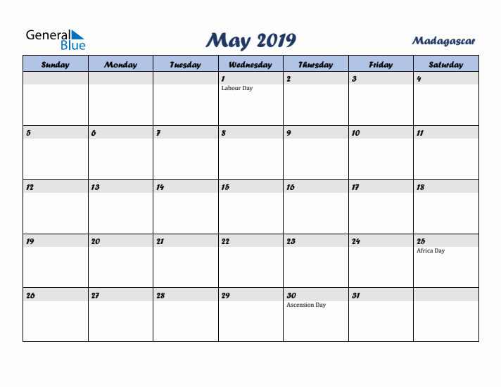 May 2019 Calendar with Holidays in Madagascar