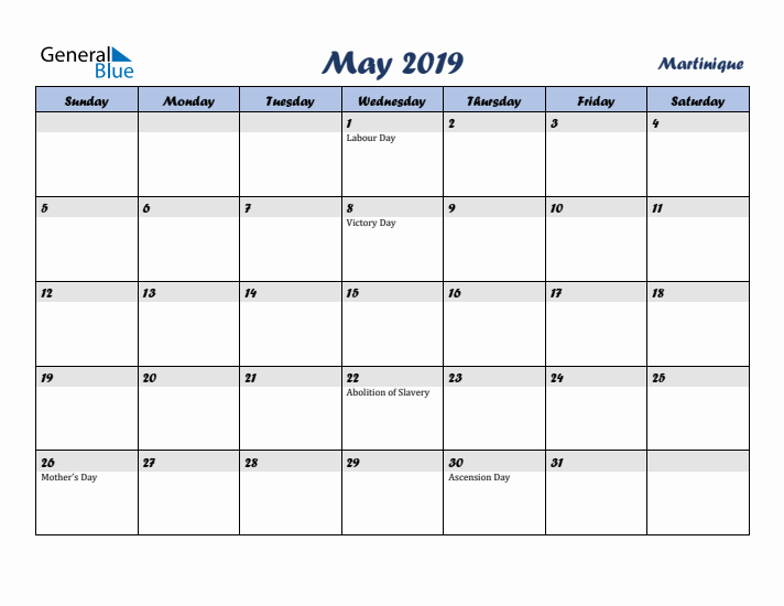 May 2019 Calendar with Holidays in Martinique