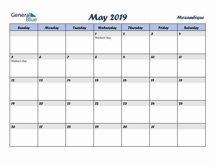 May 2019 Calendar with Holidays in Mozambique