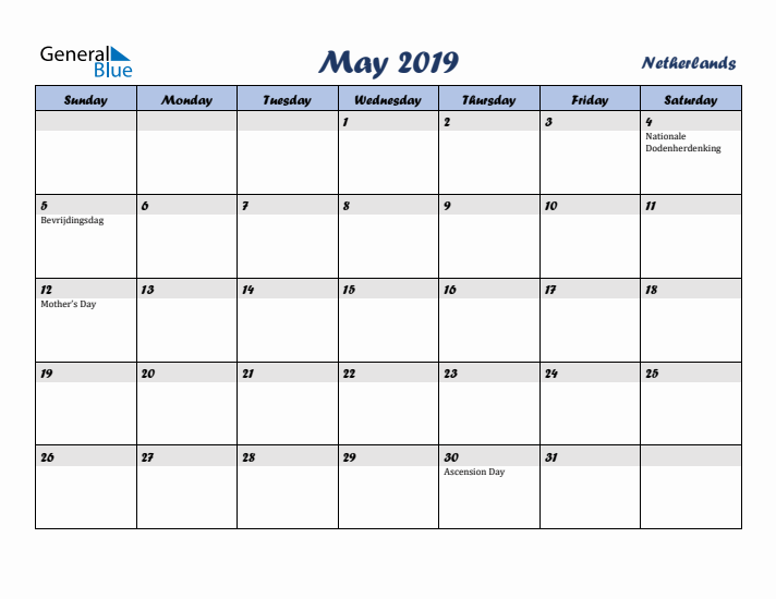 May 2019 Calendar with Holidays in The Netherlands