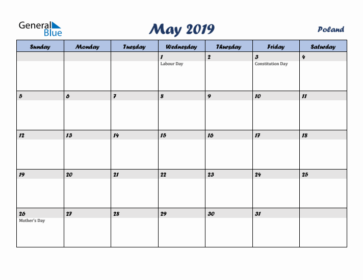 May 2019 Calendar with Holidays in Poland