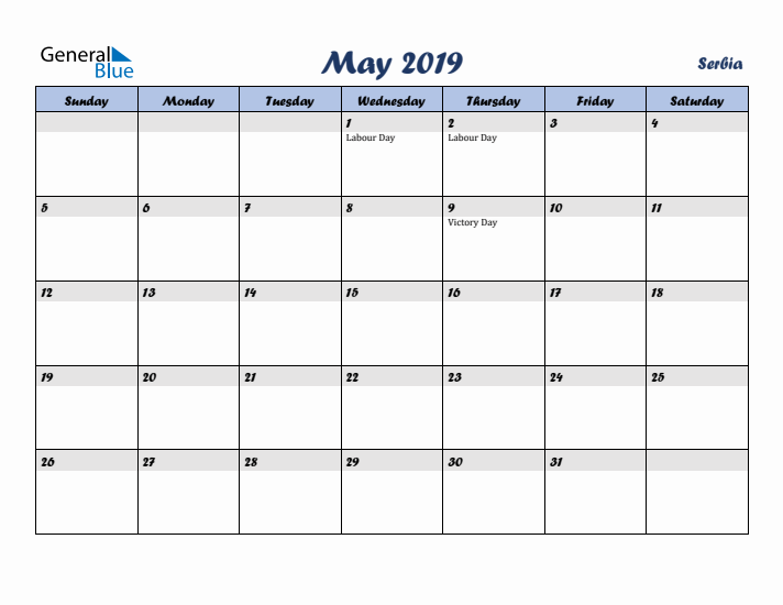 May 2019 Calendar with Holidays in Serbia