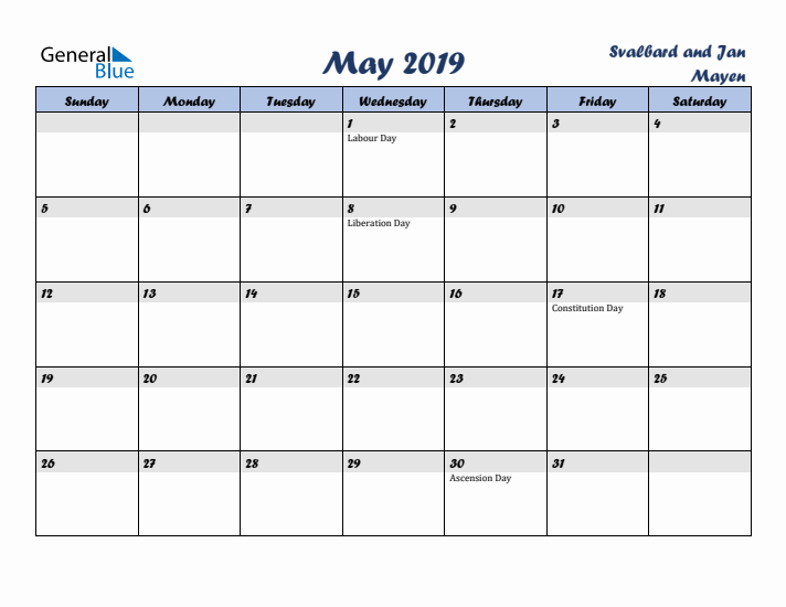 May 2019 Calendar with Holidays in Svalbard and Jan Mayen