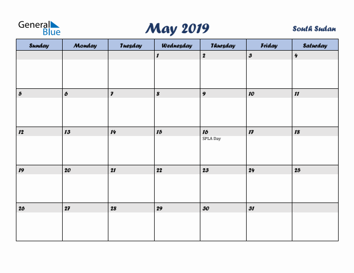May 2019 Calendar with Holidays in South Sudan