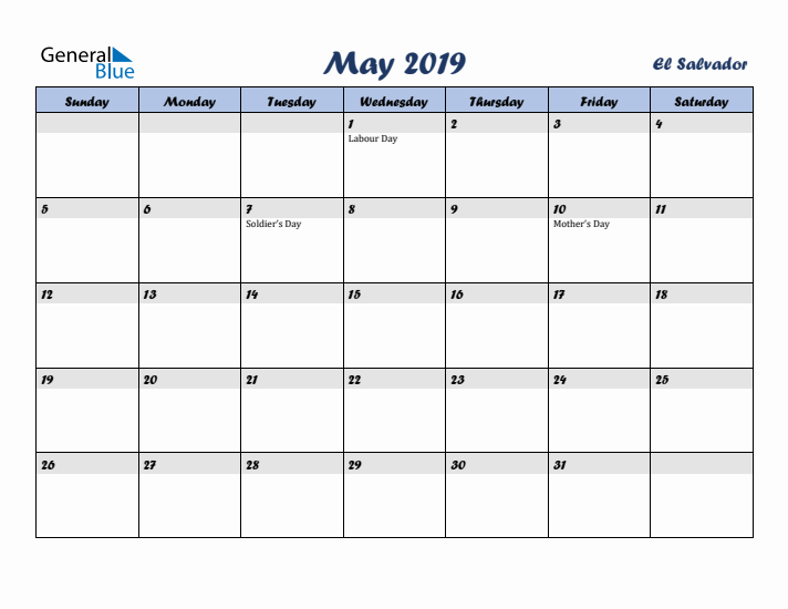 May 2019 Calendar with Holidays in El Salvador