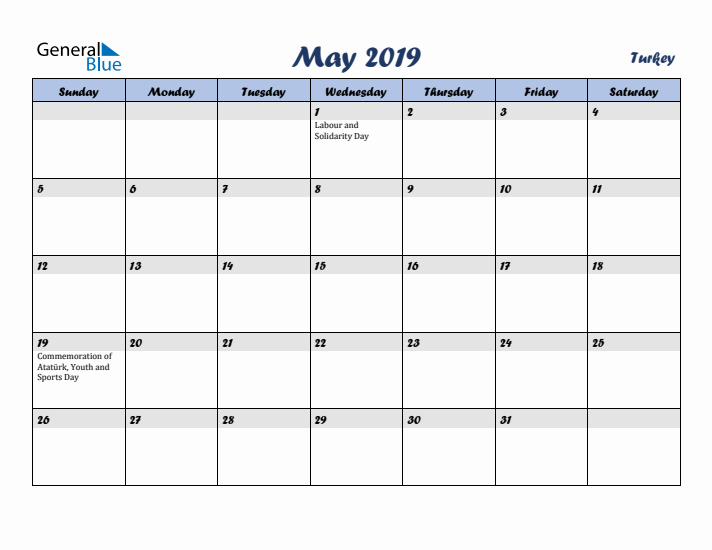 May 2019 Calendar with Holidays in Turkey