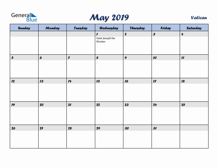 May 2019 Calendar with Holidays in Vatican