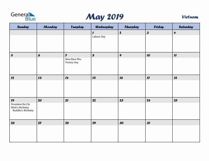 May 2019 Calendar with Holidays in Vietnam