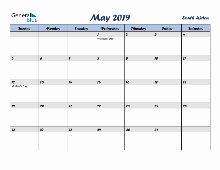 May 2019 Calendar with Holidays in South Africa