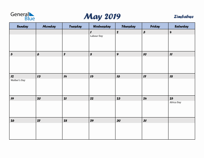 May 2019 Calendar with Holidays in Zimbabwe