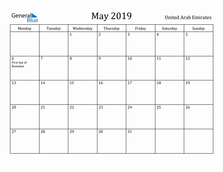 May 2019 Calendar United Arab Emirates