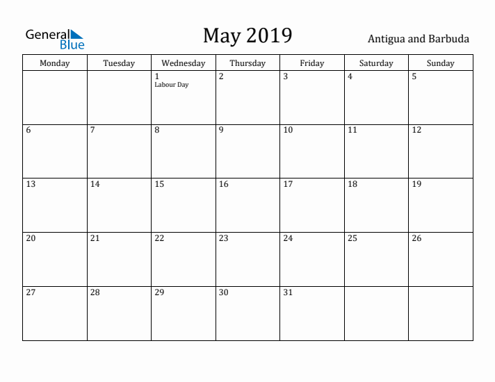 May 2019 Calendar Antigua and Barbuda