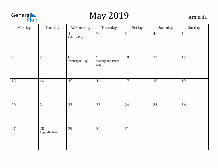 May 2019 Calendar Armenia