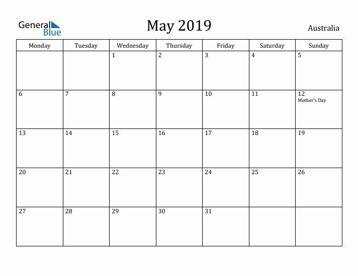 May 2019 Calendar Australia