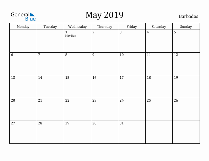 May 2019 Calendar Barbados