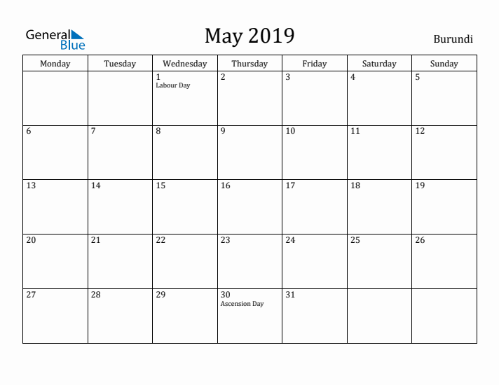 May 2019 Calendar Burundi