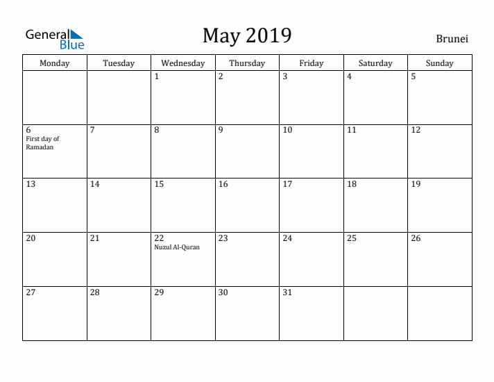 May 2019 Calendar Brunei