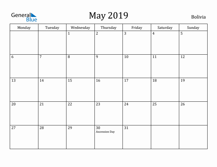 May 2019 Calendar Bolivia