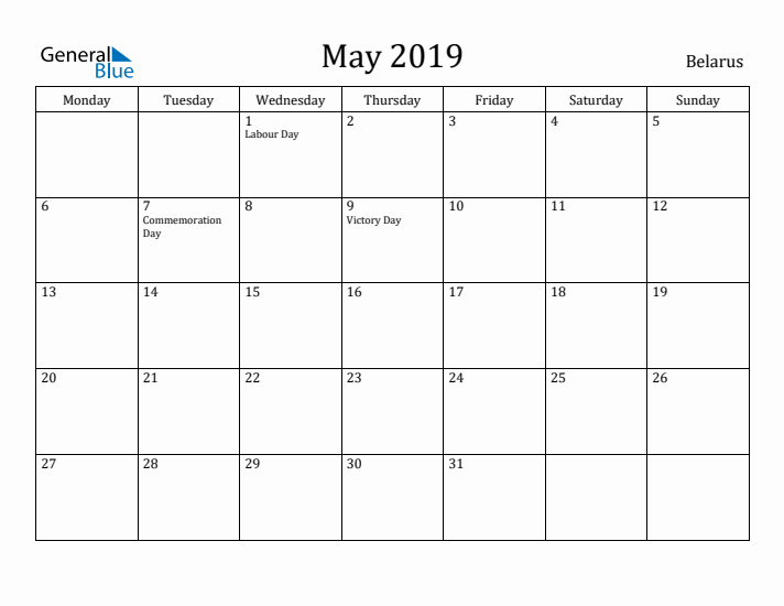 May 2019 Calendar Belarus