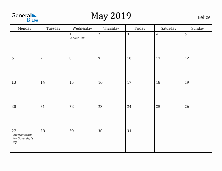 May 2019 Calendar Belize