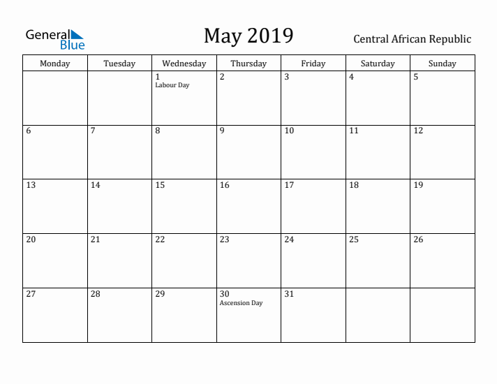 May 2019 Calendar Central African Republic