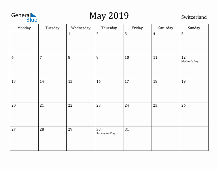 May 2019 Calendar Switzerland