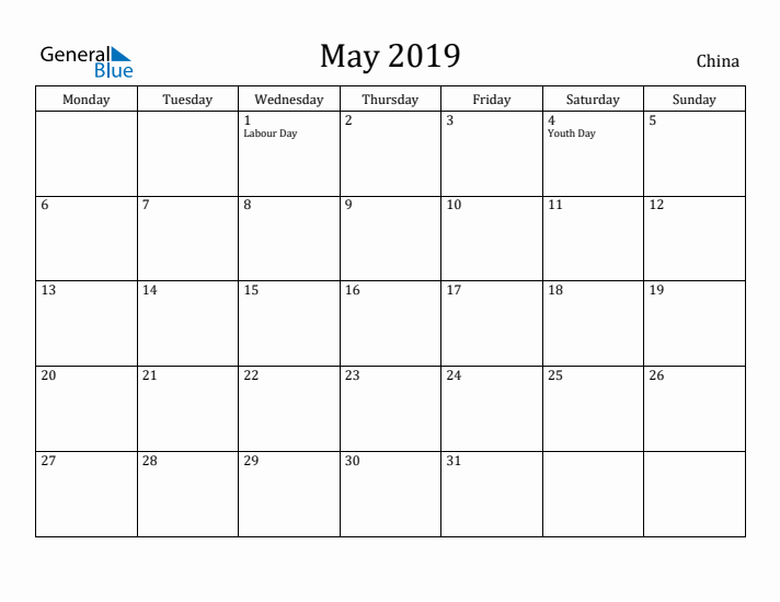 May 2019 Calendar China