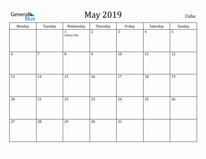 May 2019 Calendar Cuba