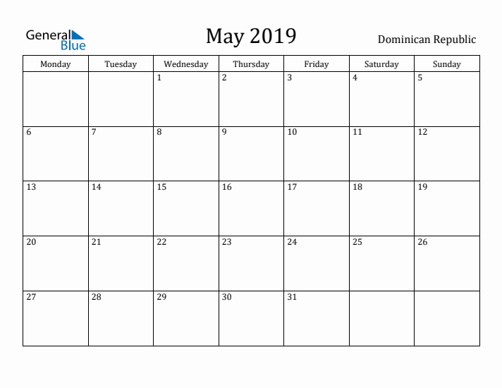 May 2019 Calendar Dominican Republic