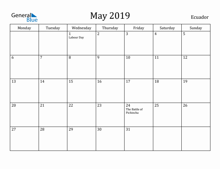 May 2019 Calendar Ecuador