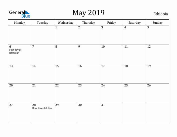 May 2019 Calendar Ethiopia