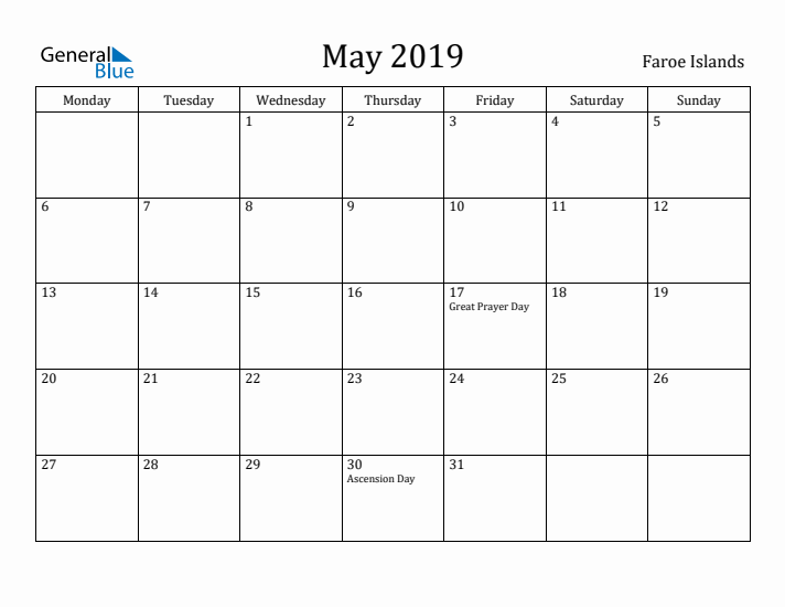 May 2019 Calendar Faroe Islands