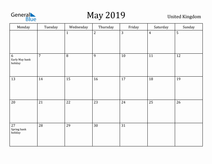May 2019 Calendar United Kingdom