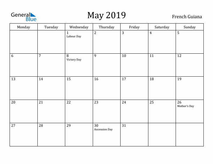 May 2019 Calendar French Guiana