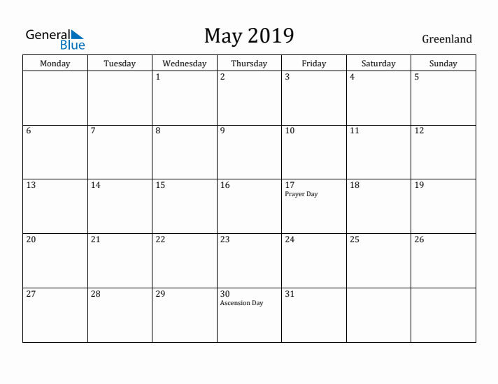 May 2019 Calendar Greenland