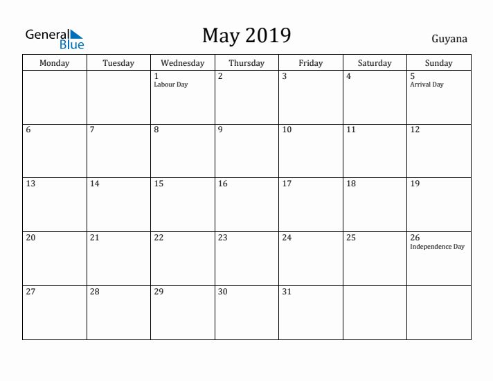 May 2019 Calendar Guyana