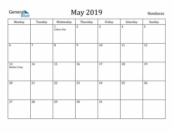 May 2019 Calendar Honduras